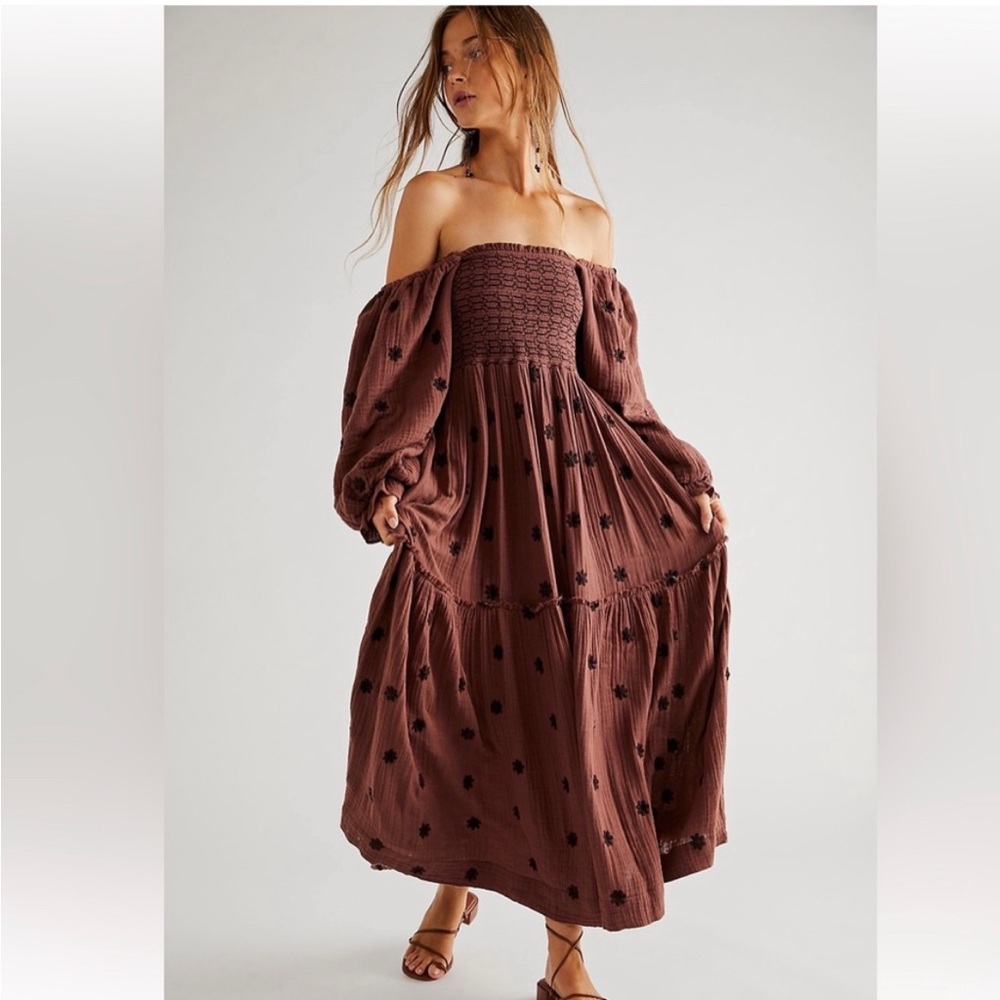 Free People Dahlia Embroidered Maxi Dress in Burgundy Road